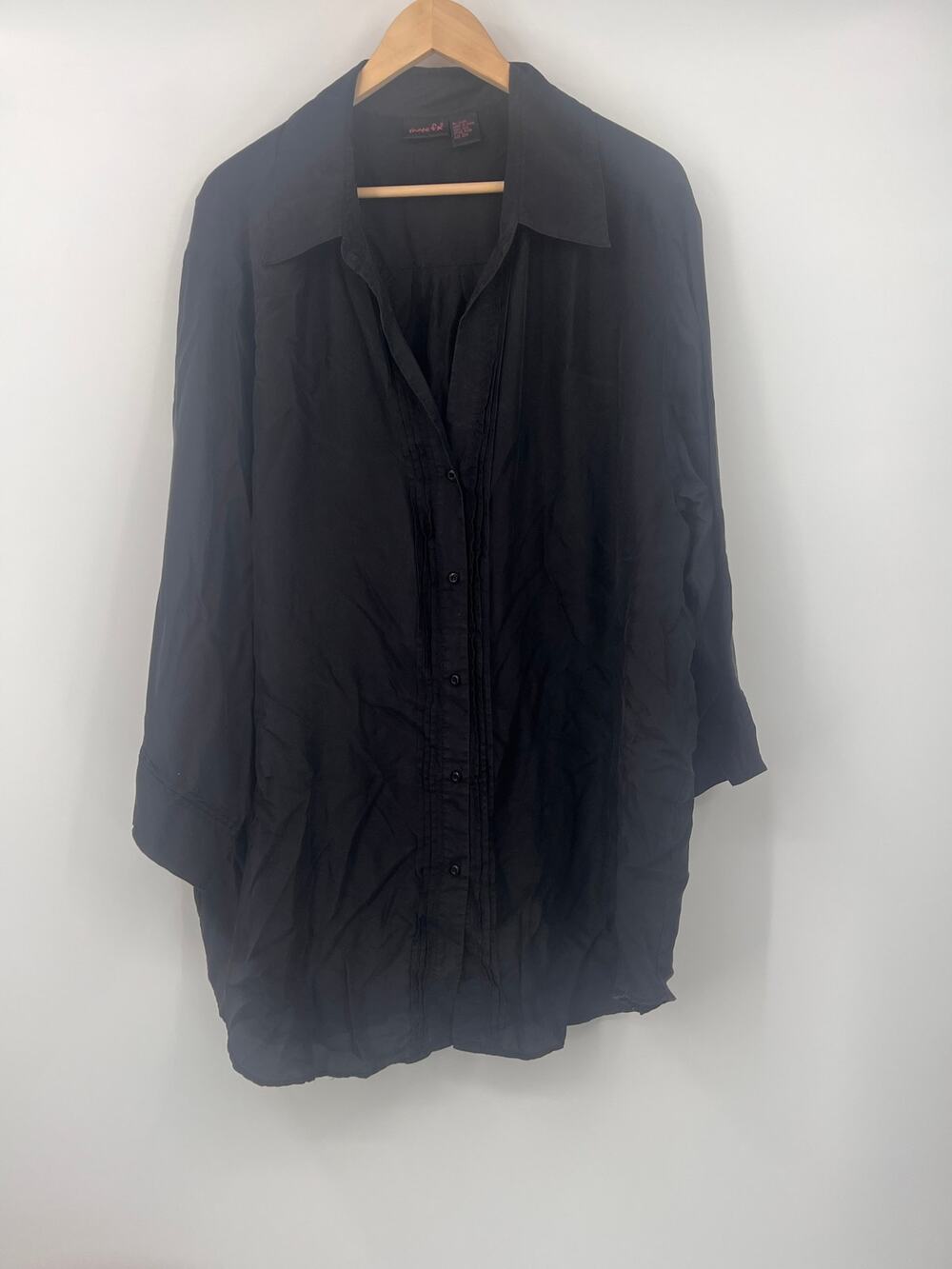 Shape FX 100% silk women’s oversized blouse black pleated front decoration 20w